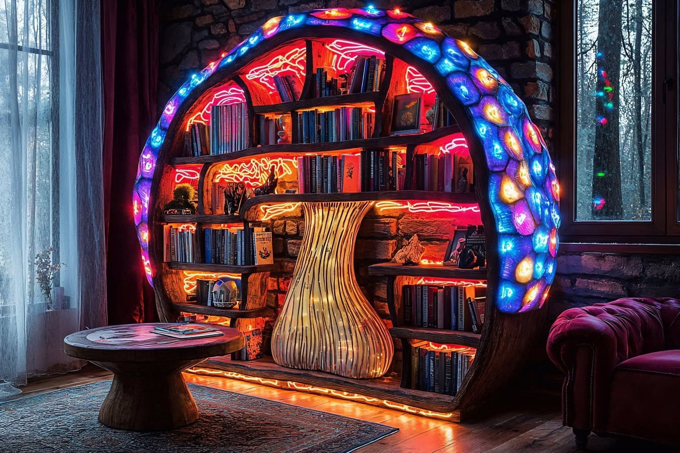 Interno moderno di un soggiorno con una libreria a forma di fungo illuminata con luci al neon