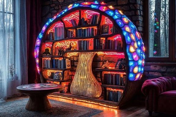 Modern interior of a livingroom with a bookshelf in a shape of a mushroom illuminated with neon lights