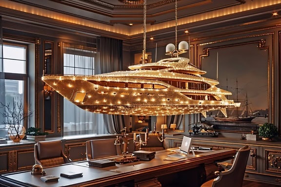 The interior of the billionaire’s office, the room of a wealthy magnate with a large chandelier in the shape of a yacht hanging from the ceiling