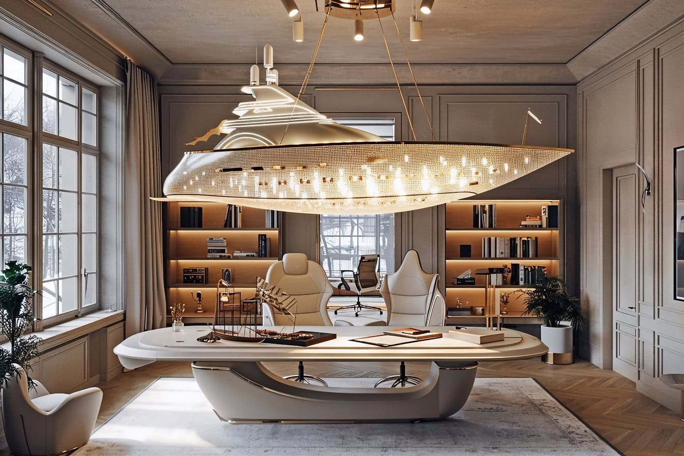 L’intérieur du bureau du millionnaire, le bureau d’un riche magnat corporatif avec un grand lustre en forme de yacht