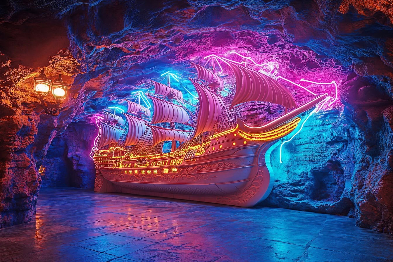 Navio iluminado em uma caverna, uma escultura cyberpunk de um veleiro com luzes de néon rosa e roxas