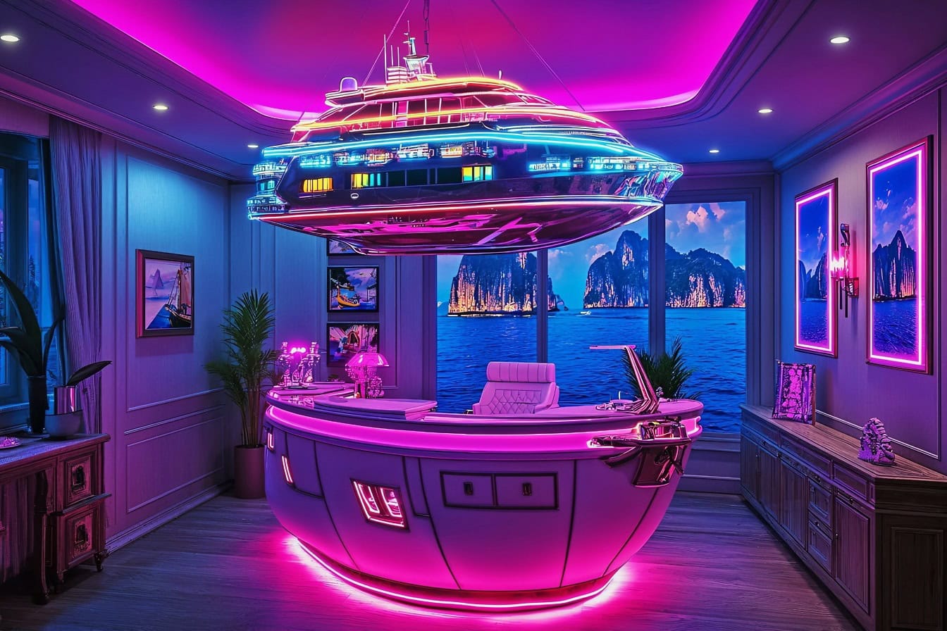 Renderizado en 3D del interior de una oficina de ciencia ficción con una araña de estilo cyberpunk en forma de crucero y luces de neón rosas