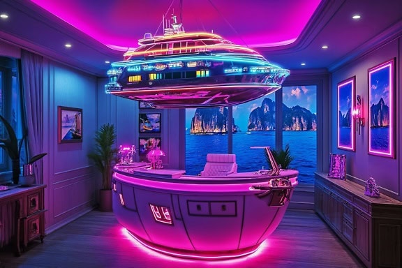 3D-weergave van een interieur van een Sci-Fi-kantoor met een kroonluchter in cyberpunkstijl in de vorm van een cruiseschip en roze neonlichten