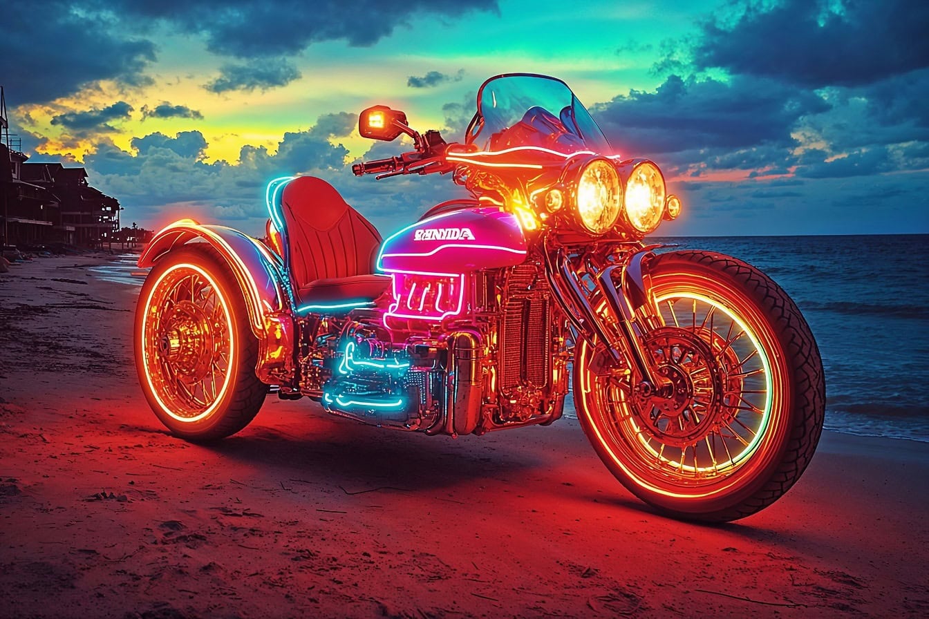 Een cyberpunk-stijl fotomontage van een driewieler-motorfiets met neonlichten op het strand bij zonsopgang