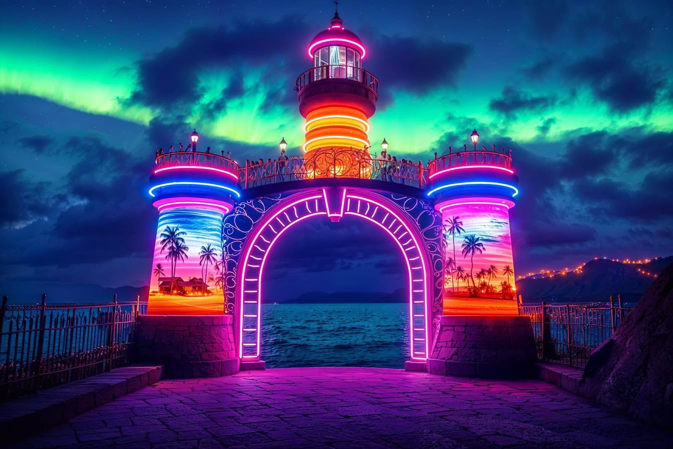 Een levendige cyberpunkillustratie van een poort met neonlichten en met een vuurtoren bovenop het op een strand ‘s nachts