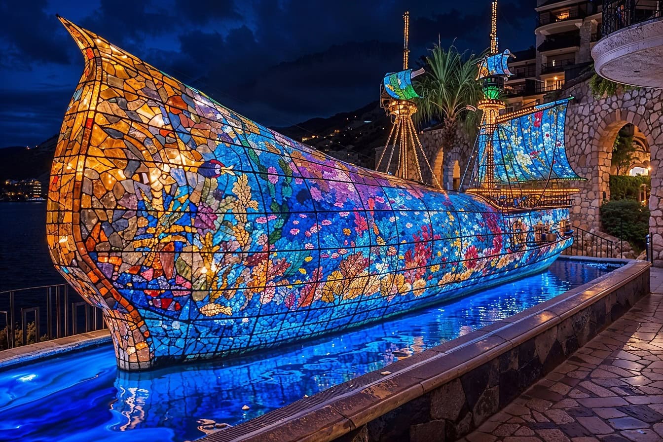 Huge stained glass sculpture of a sailing ship in a swimming pool on terrace at night