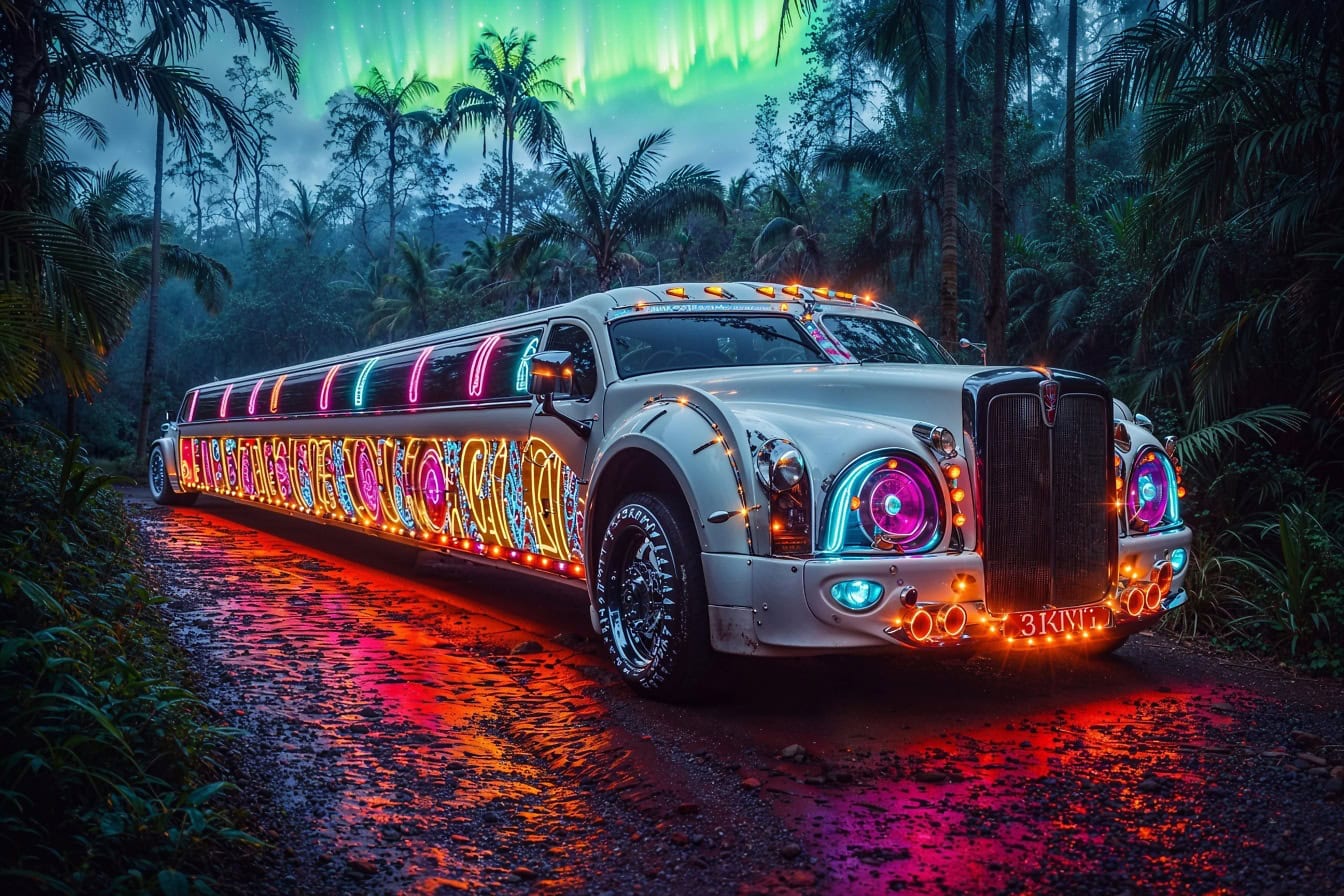 Una lunghissima berlina bianca con luci al neon colorate in stile cyberpunk su una strada nella giungla