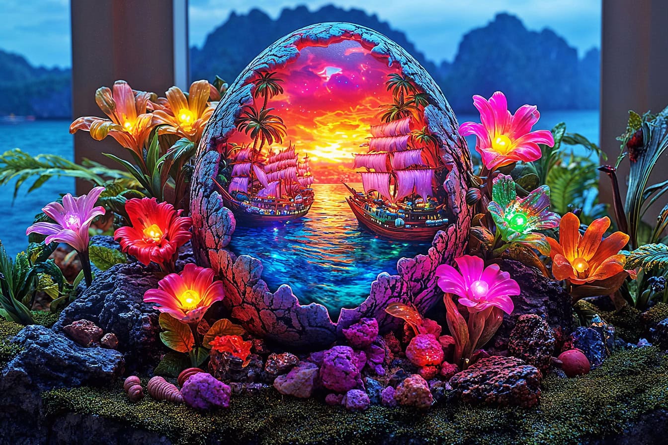 A vibrant photomontage inspired by Faberge egg in a fairytale dream world with a sailing ships and with glowing magical flowers