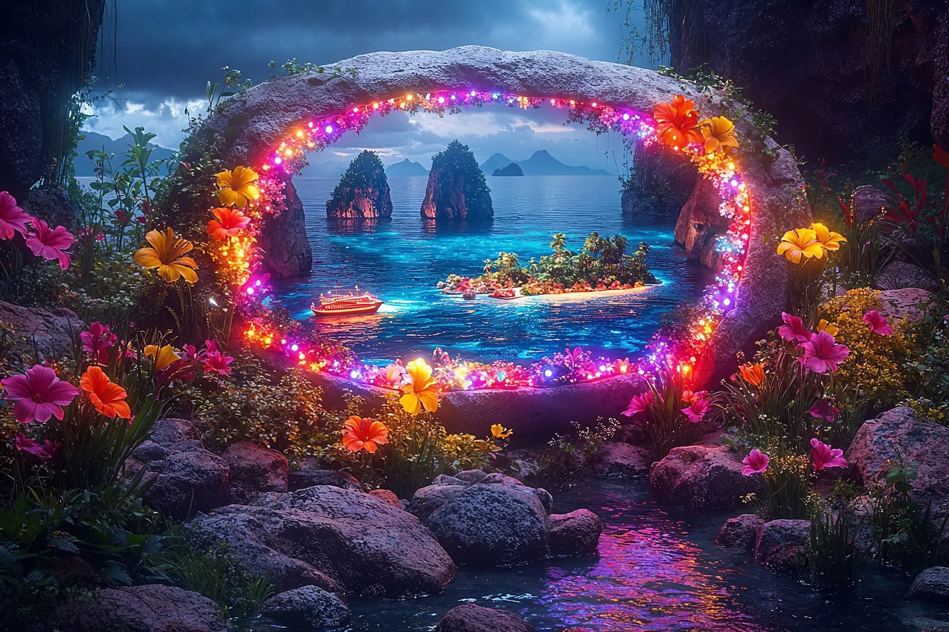 Superba grafica di un bellissimo arco di pietra illuminato con fiori rosa sulla magica spiaggia di notte