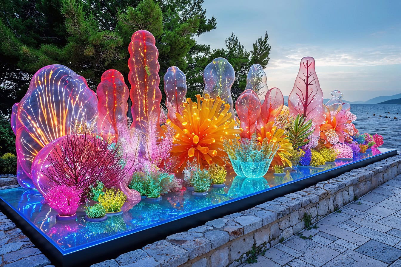 Exibição de escultura transparente colorida inspirada no mundo do mar e recifes de corais coloridos