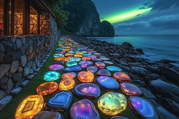 Fluorescent colorful crystal stones on a rocky beach with the Northern Lights in the night sky