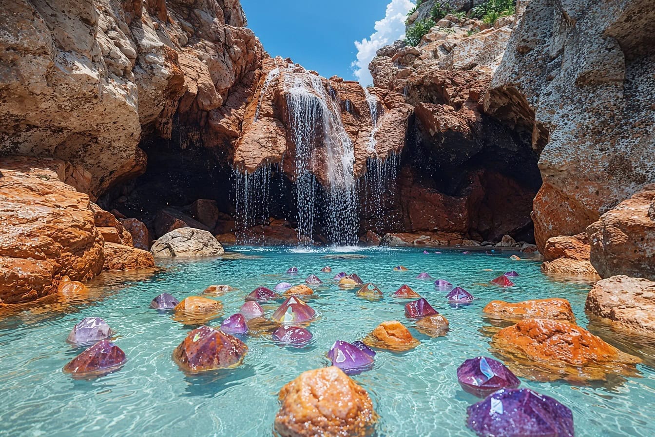 Lagon majestueux avec cristaux dans l’eau et avec cascade