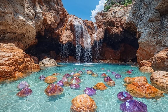 Laguna megah dengan kristal di dalam air dan dengan air terjun