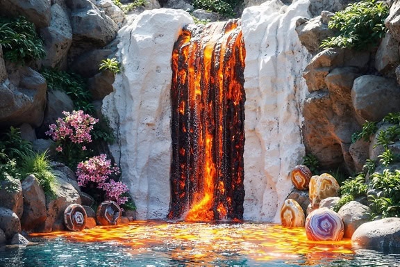 Magical well of youth in a fairytale dreamland with lava waterfall