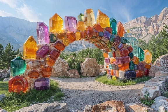 Chemin vers le pays magique avec arche de pierre avec cristal coloré