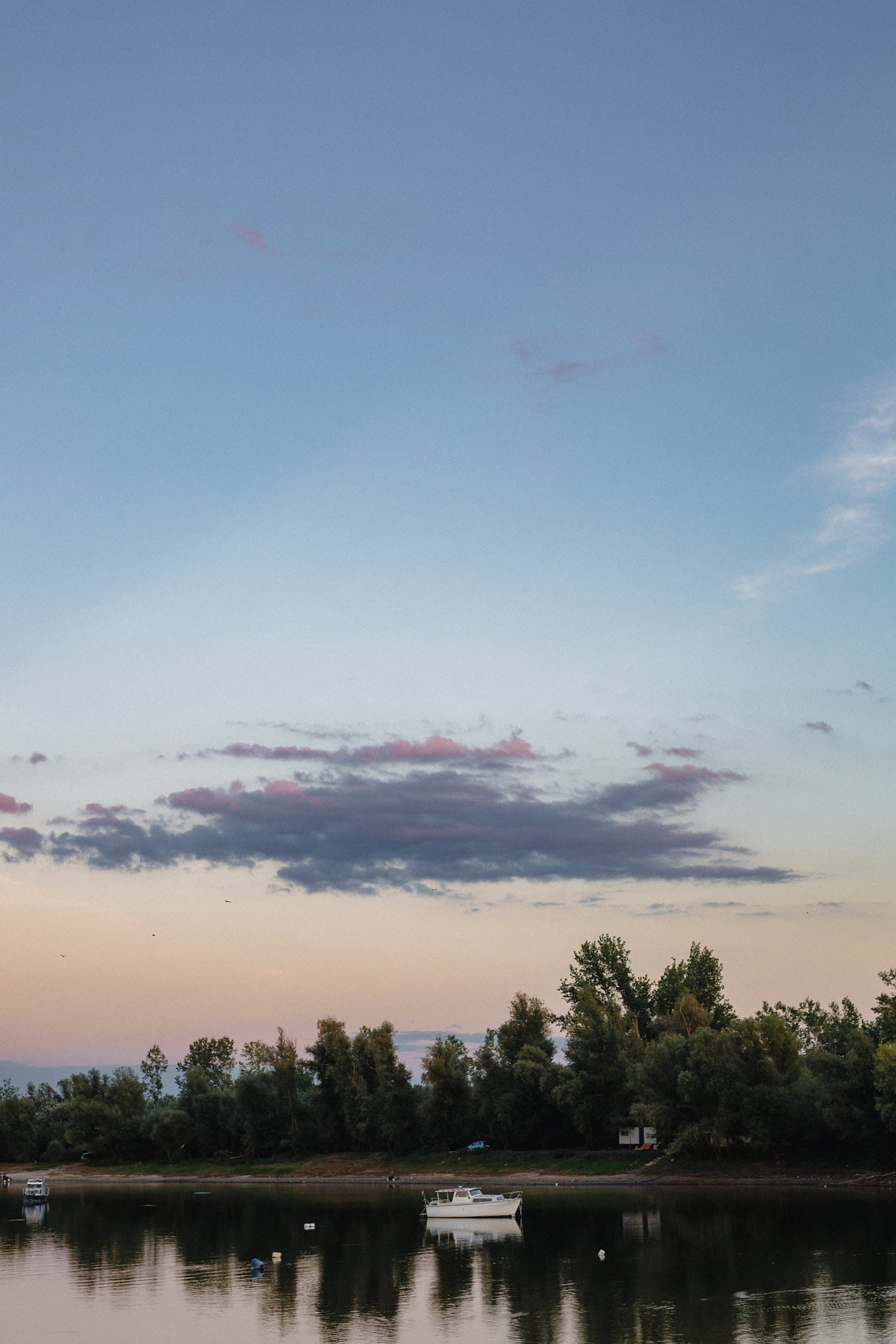 Liten vit fritidsbåt under en blå himmel på Bager, en sjö i Backa Palanka