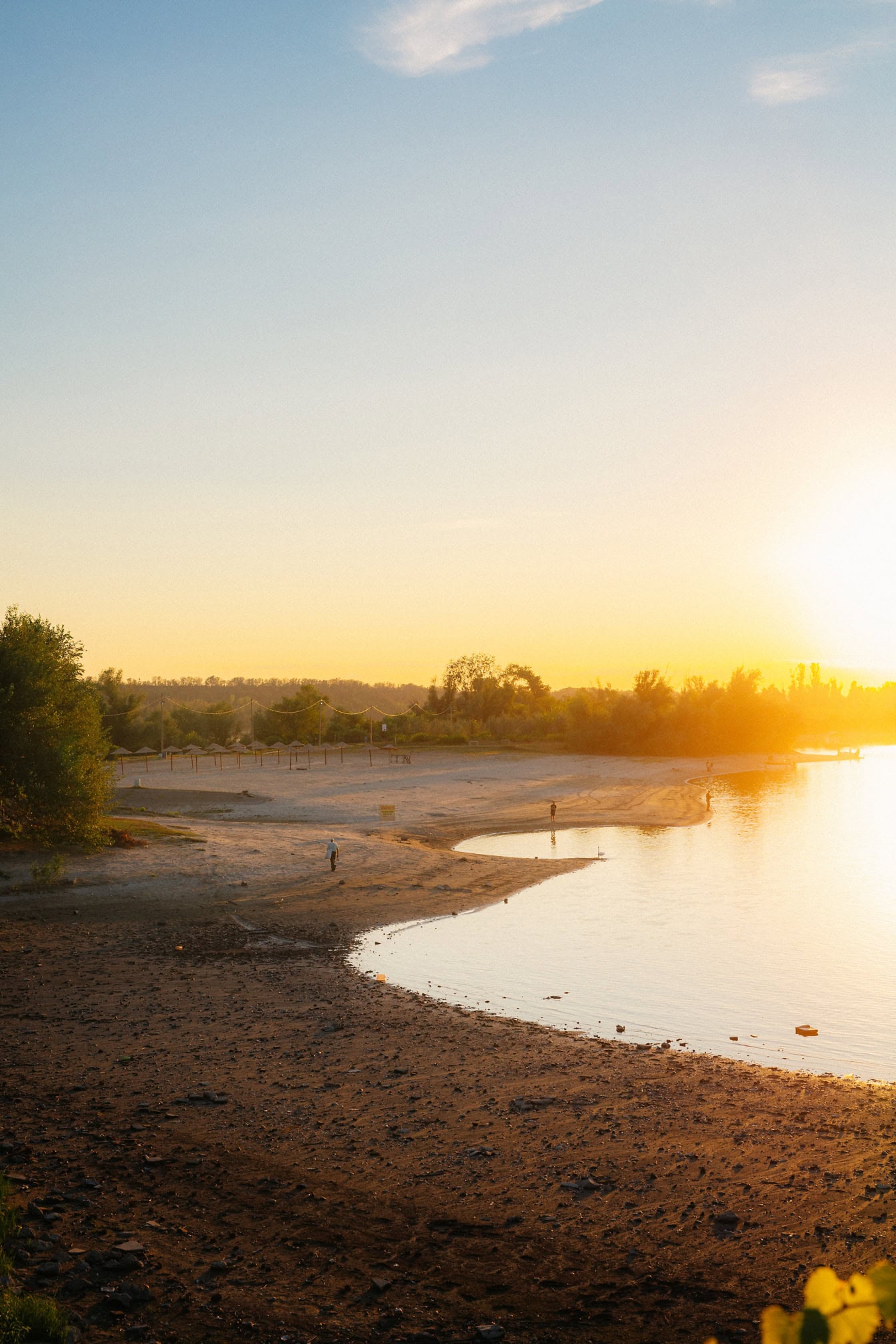 Strand ved en Tikvara-sø i Backa Palanka med træer og med stærkt sollys som baggrundsbelysning ved solnedgang