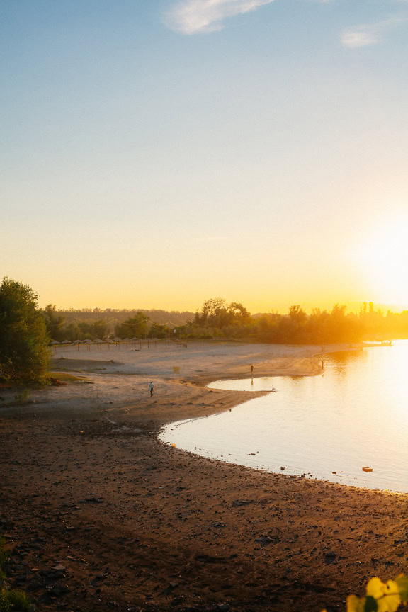 Strand des Tikvara-Sees in Backa Palanka mit Bäumen und hellem Sonnenlicht als Gegenlicht bei Sonnenuntergang