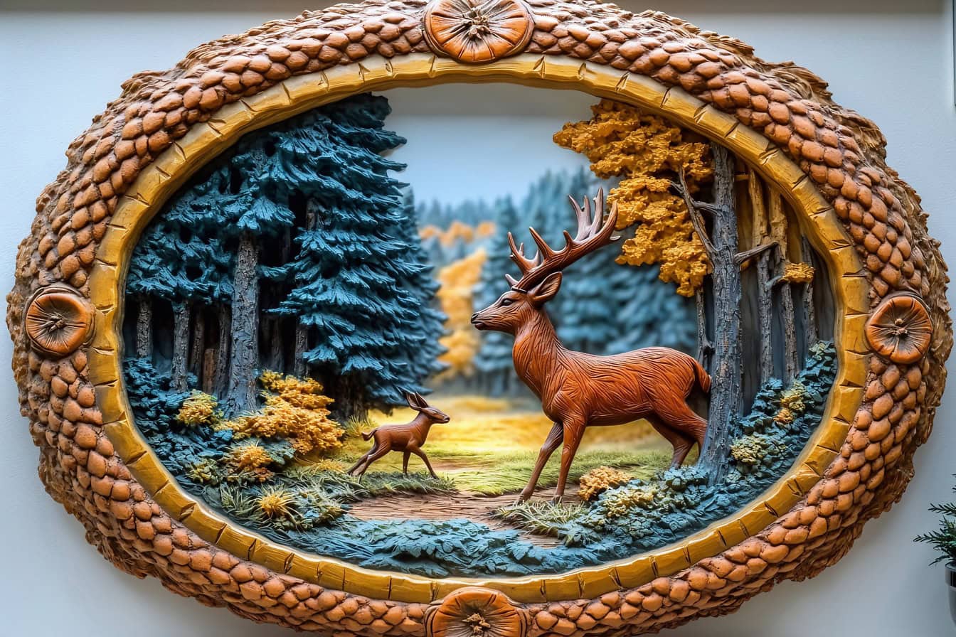 3D picture of a deer stag with a fawn in a handcrafted frame