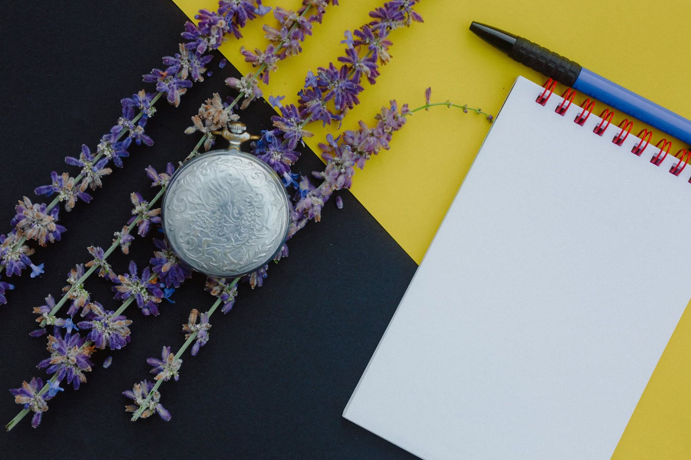 Papel blanco vacío de cuaderno con bolígrafo y un reloj de bolsillo sobre un papel amarillo y negro