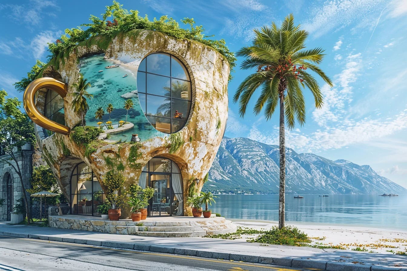 3D conceptuele weergave van een futuristisch strandhuis met een palmboom langs de kant van de weg