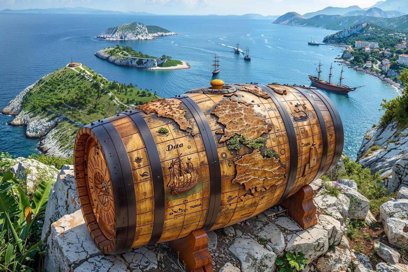 A photomontage of an old wine barrel decorated with nautical carvings on the top of the rock overlooking the sea bay