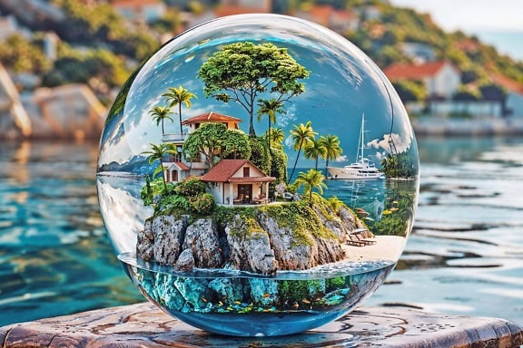 A glass ball with a house and trees on a island, a 3D render of a transparent sphere with a resort villa inside