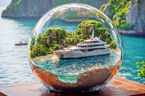 3D rendering of a decorative transparent crystal ball, a glass sphere with a yacht inside