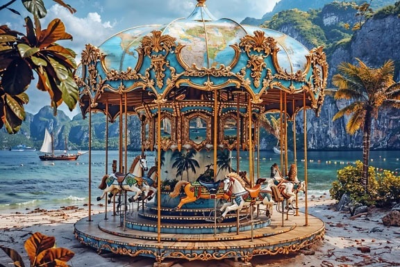 Victoriaanse carrousel met speelgoedpaarden op het strand in sprookjesland