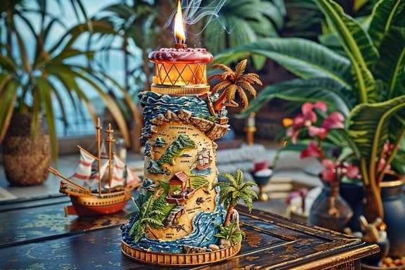 Fotomontaggio 3D di una candela in un candelabro a forma di faro nautico su un tavolo