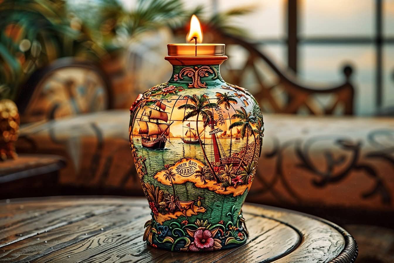 A Victorian stained glass vase in nautical style as a candle stick with with flaming candle on top