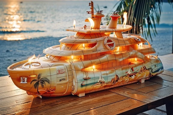 Un photomontage d’une bougie enflammée sur un chandelier en forme de yacht jaune orangé