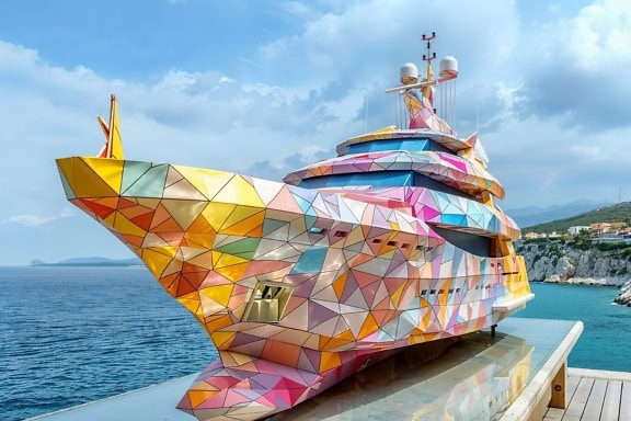 Sculptură colorată de iaht pe un doc al yacht club