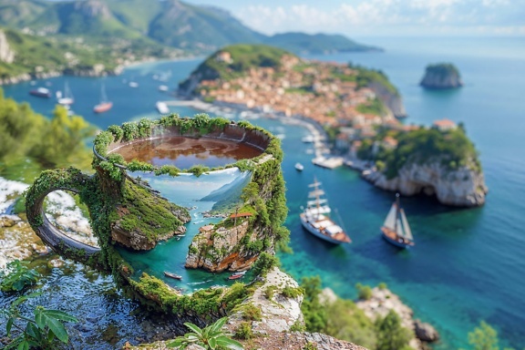 3D-fotomontage van een koffiemok overwoekerd met mos met een foto van een baai erop geplaatst op de top van een klif met uitzicht op de lagune