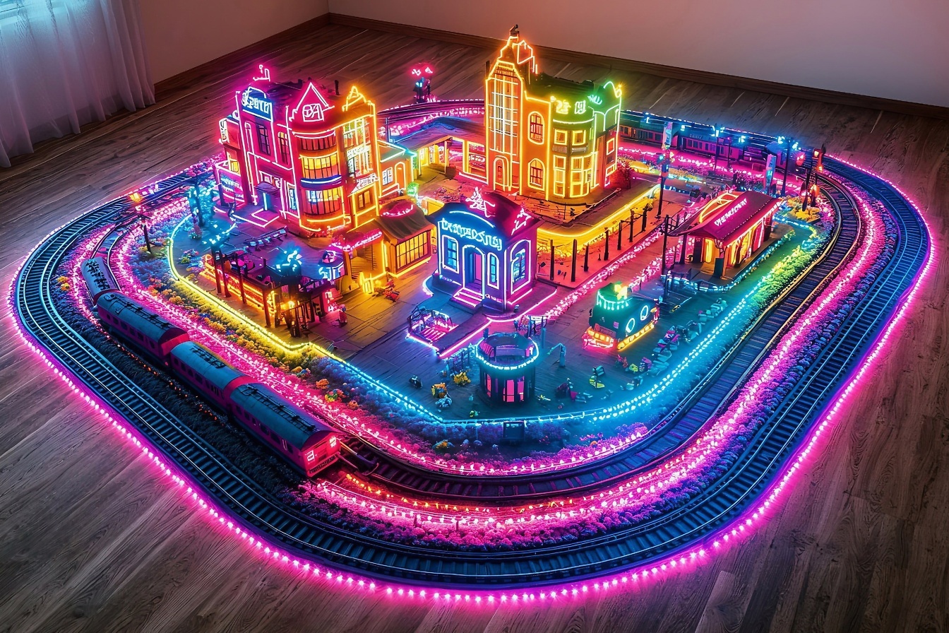 Een modeltrein met neon roze-paarse lichten, een speelgoedset met een locomotief met wagons en een treinstation