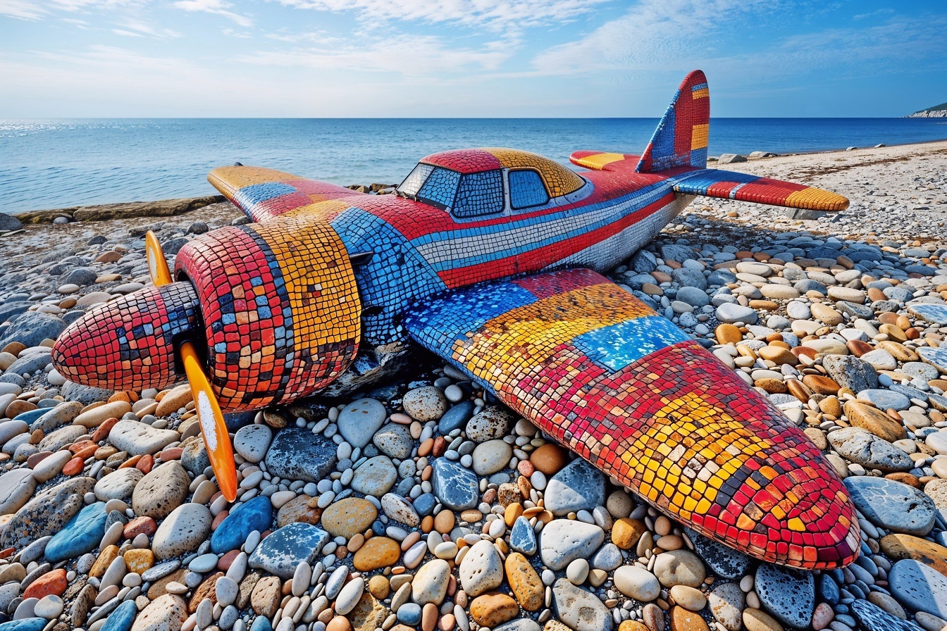 Scultura colorata di un aeroplano in tecnica mosaico su una spiaggia rocciosa, fotomontaggio 3D di un aeroplano