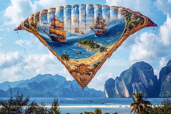 Kite in a shape of a sail with maritime design on it  flying over a beach