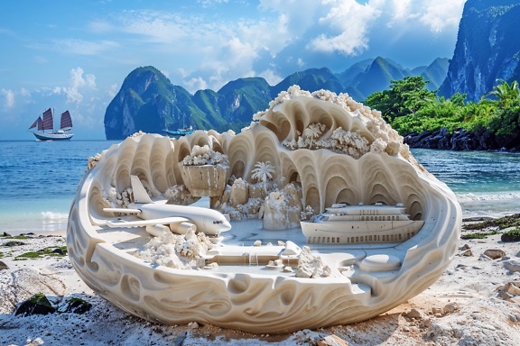 Sculpture carved out of white marble stone on a beach