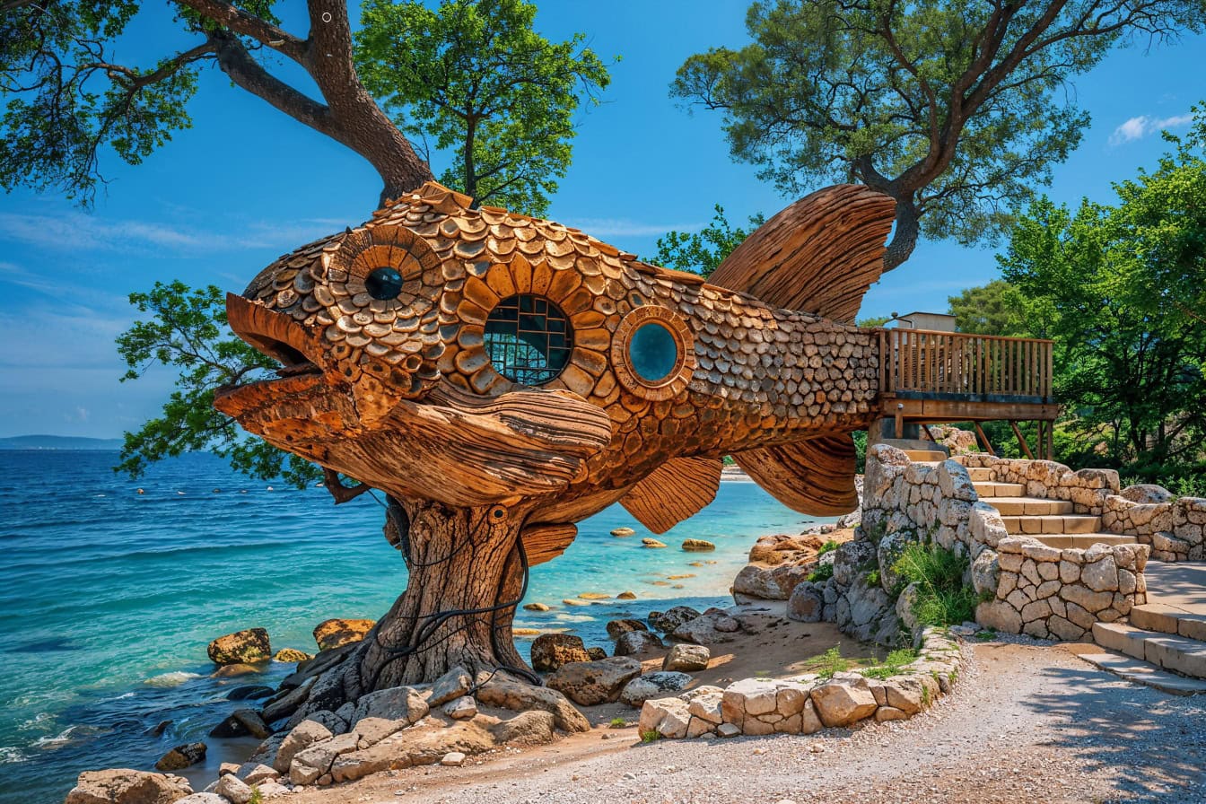 Een houten boomhut in de vorm van een vis aan het strand, een perfecte speeltuin tijdens een zomervakantie