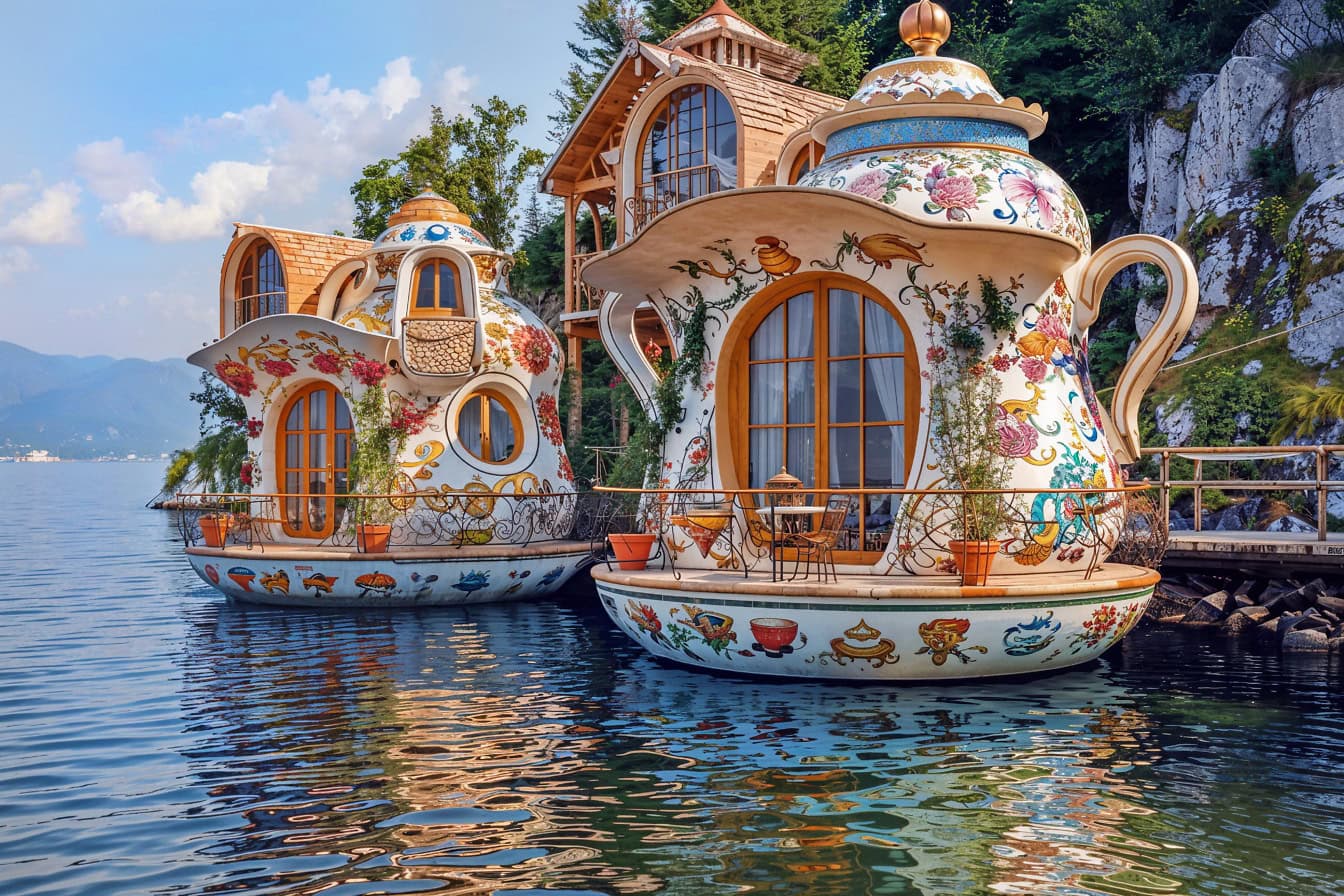 Concept 3D de maisons de vacances de contes de fées en forme de théière ressemblant à un style architectural d’Antoni Gaudí