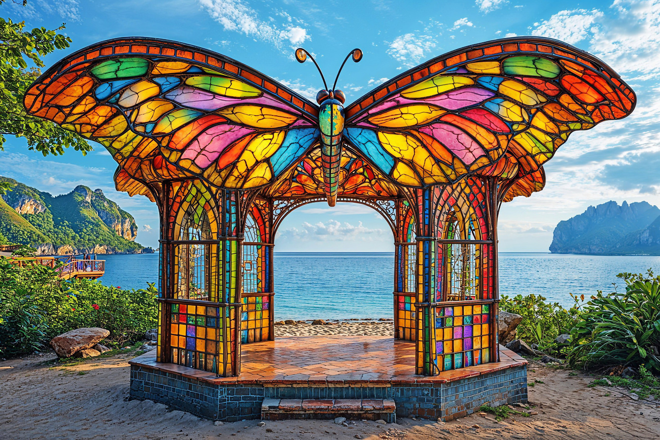 Majestätisk pergola i viktoriansk stil gjord av en glasmålning med en skulptur av fjärilsplatser på en strandfront