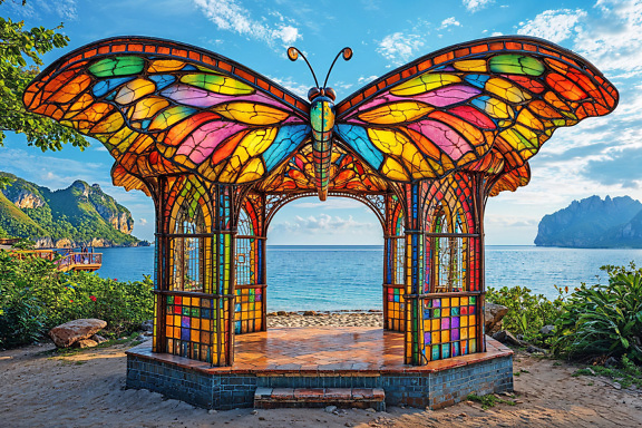 Majestätisk pergola i viktoriansk stil gjord av en glasmålning med en skulptur av fjärilsplatser på en strandfront