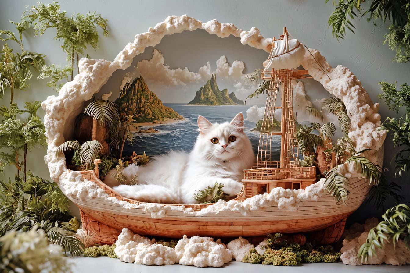 Photomontage 3D d’un chat persan blanc à poil long allongé sur une sculpture d’un voilier