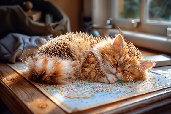 Adorable kitty sleeping on a geographic map on a table