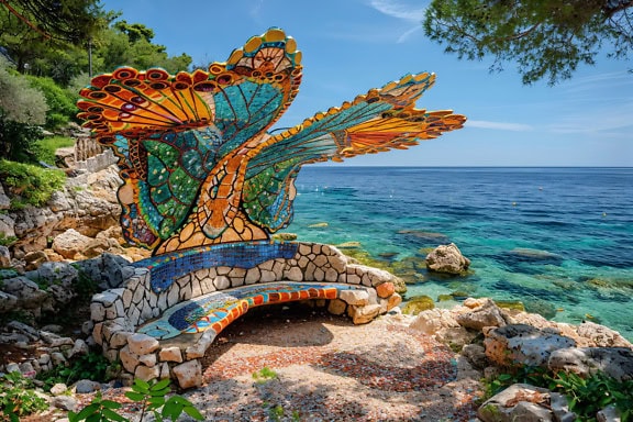 A beachfront with a gazebo-bench made of stone with colorful mosaic