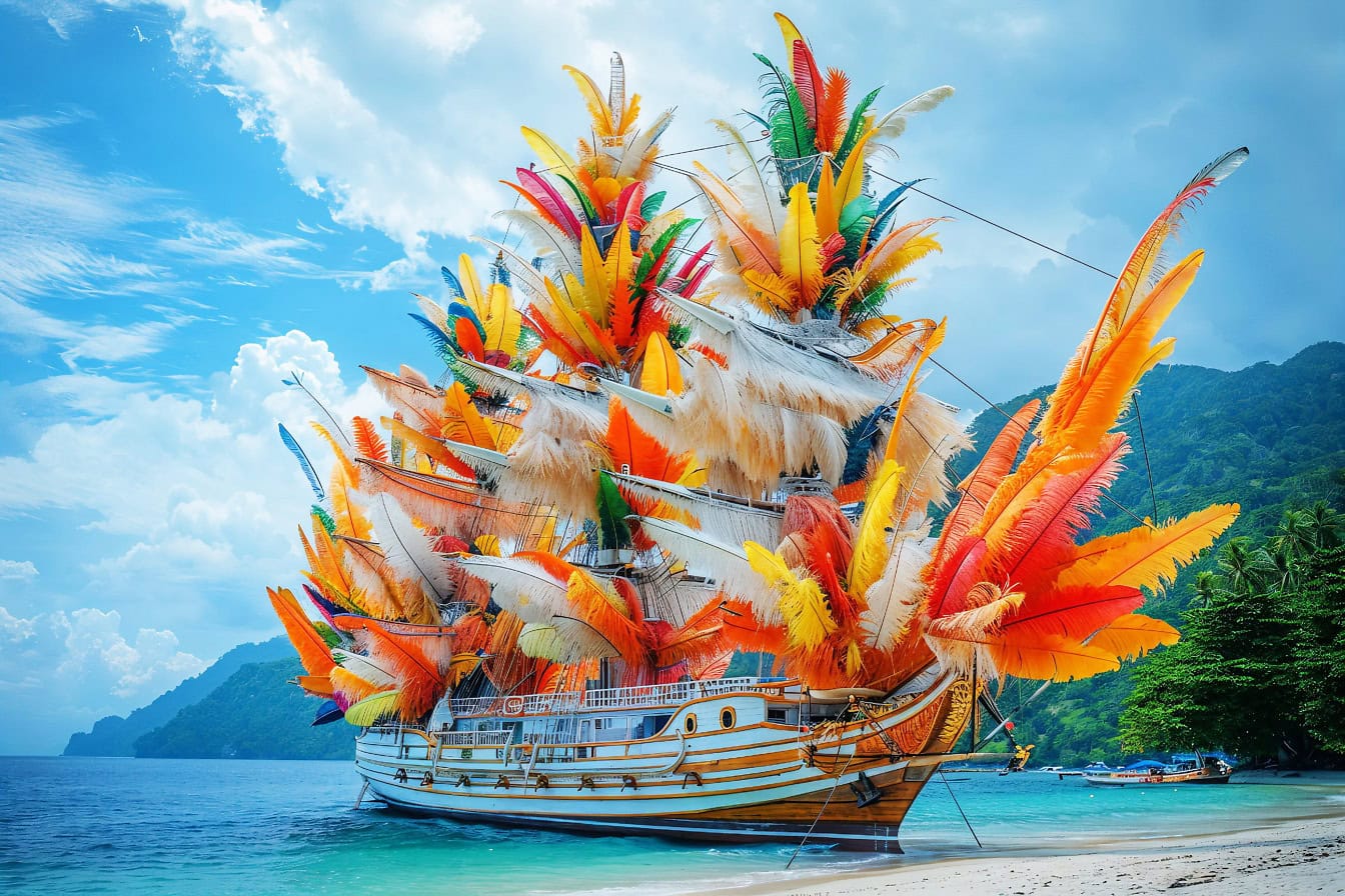 Magnifique photomontage d’un voilier aux plumes colorées sur des voiles amarré sur une plage tropicale