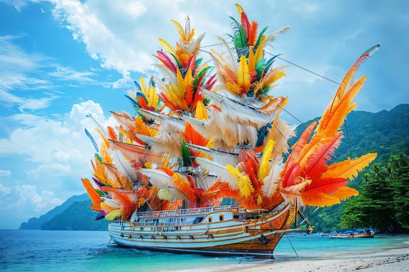 Glorioso fotomontaje de un velero con plumas de colores en velas atracado en una playa tropical