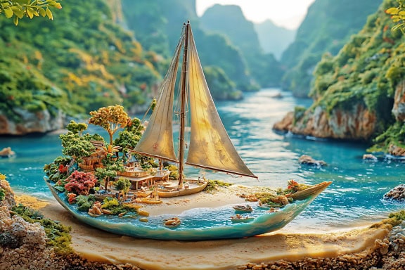 3D photomontage of a model of a sailboat on a beach