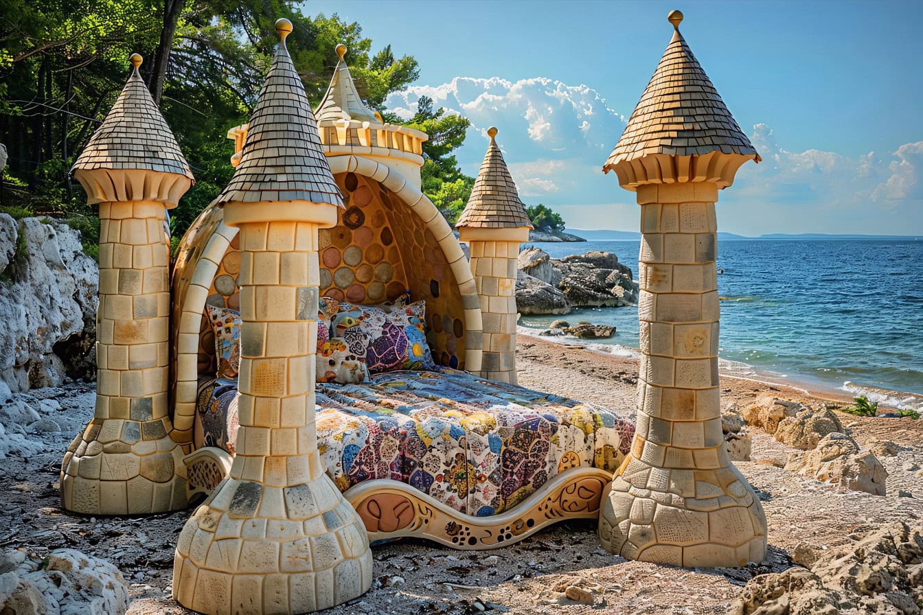 Un lit king-size de conte de fées avec des tours en forme de château sur une plage