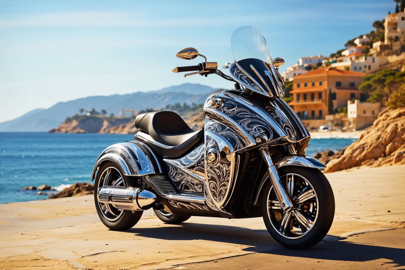 A custom-build trike motorcycle with black leather seat and  luxurious chrome decorations parked on a beachfront